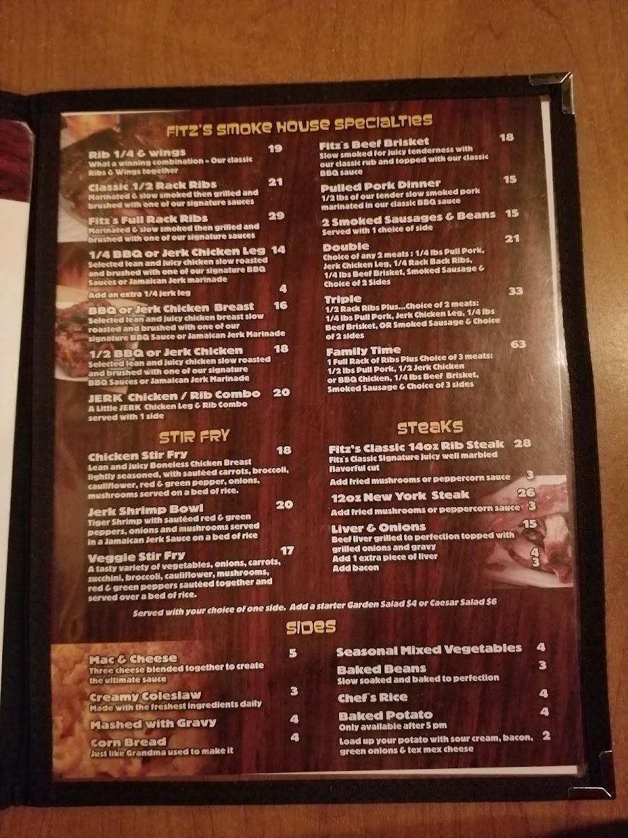Fitz's Classic Grill BBQ Smoke House Menu | Rib Steak & More